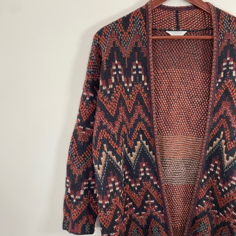 Lucky Brand Cardigan Sweater Open Front Aztec Pattern XS Western Wool Blend Cozy - Picture 4 of 7
